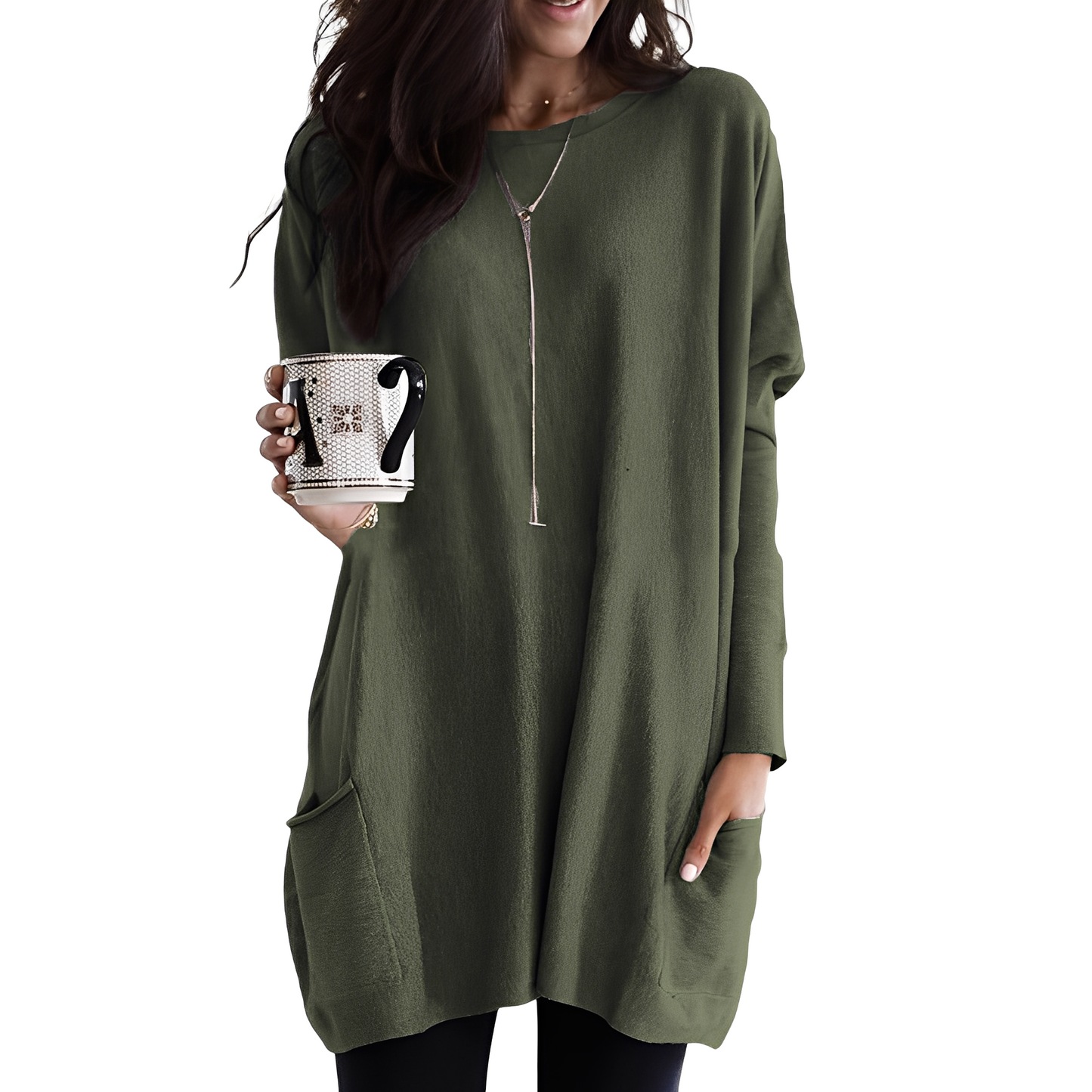 Ryann - Langer und bequemer Damenpullover mit Taschen