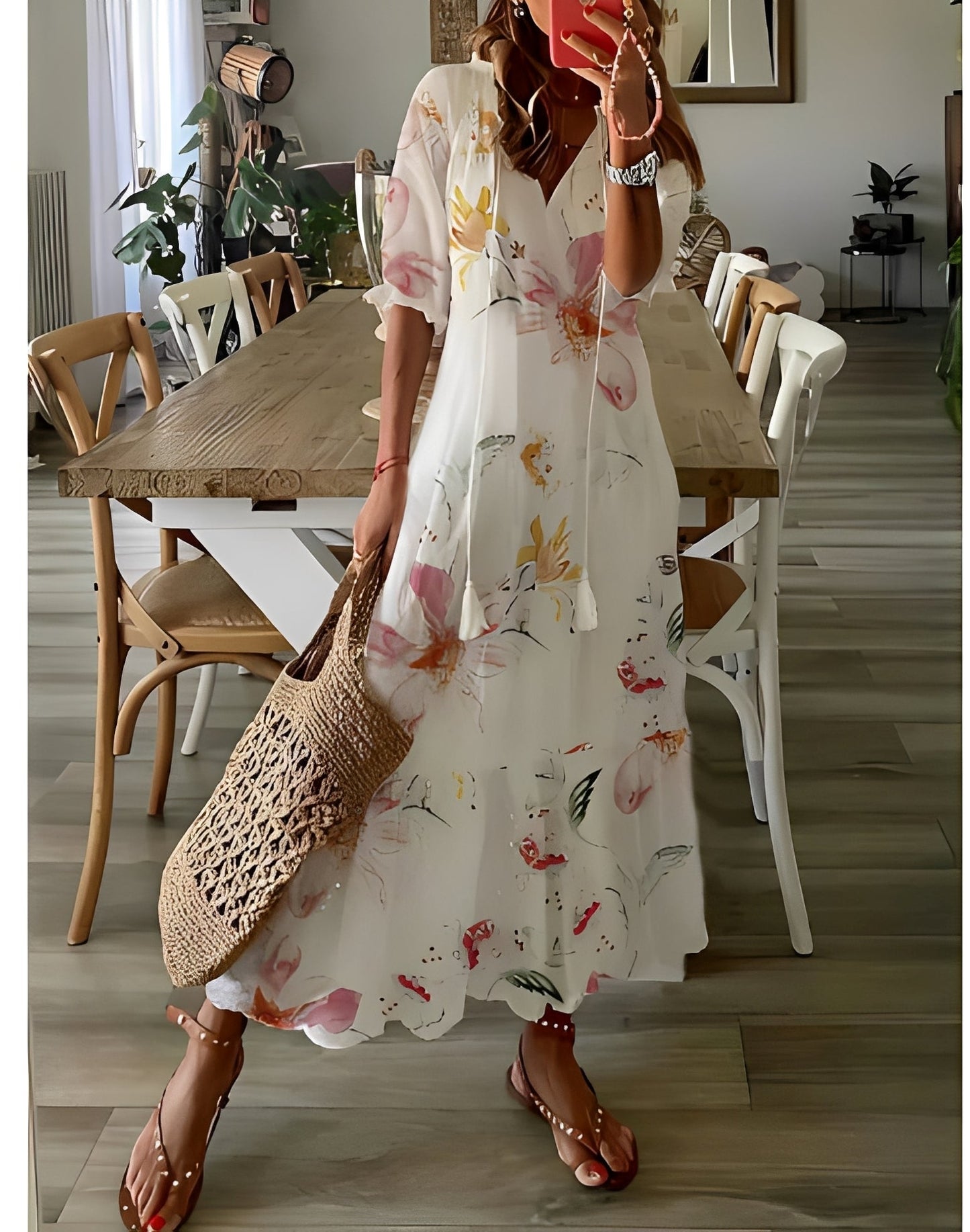 Domitille - Elegantes Kleid mit V-Ausschnitt, locker für Frauen