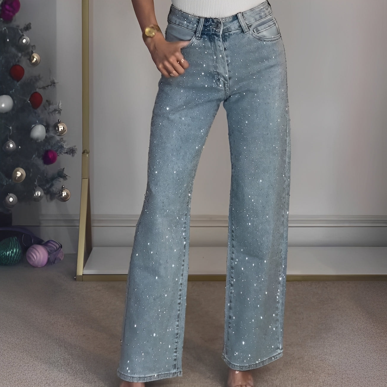 Sandra - Elegante glitzernde Damenhose mit hohem Bund