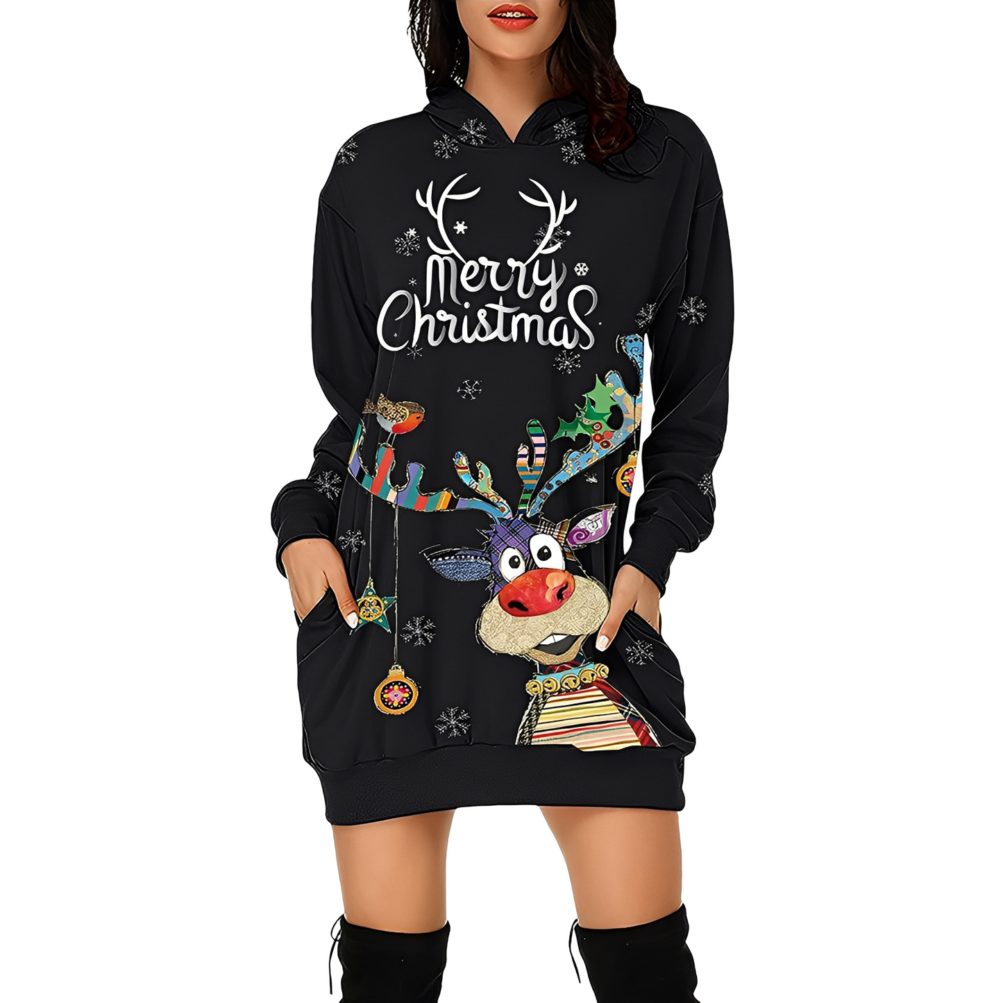 Georgia - Elegantes Weihnachtskapuzenkleid für Damen mit Aufdruck