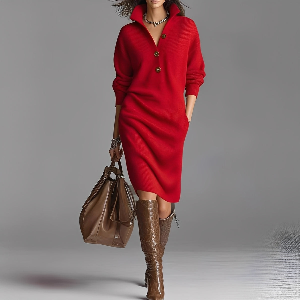 Camryn - Elegantes Strickkleid mit Knöpfen und Kragen für Damen