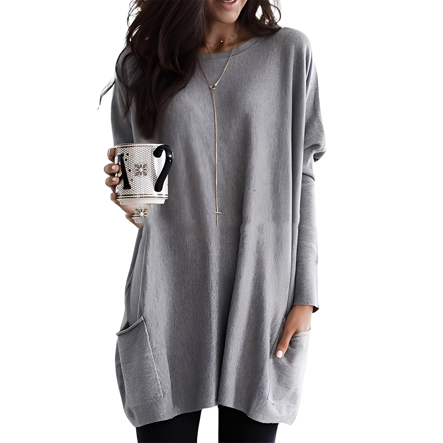 Ryann - Langer und bequemer Damenpullover mit Taschen