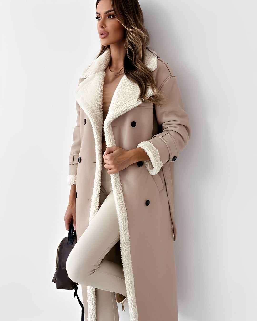 Sally - Eleganter langer Damenmantel mit gestepptem Futter