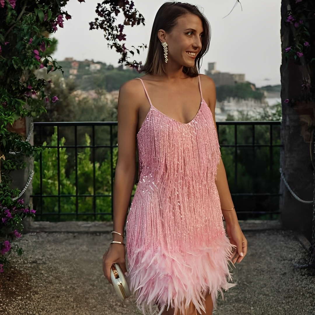 Monique - Elegantes Kleid mit Fransen und Federn für Frauen
