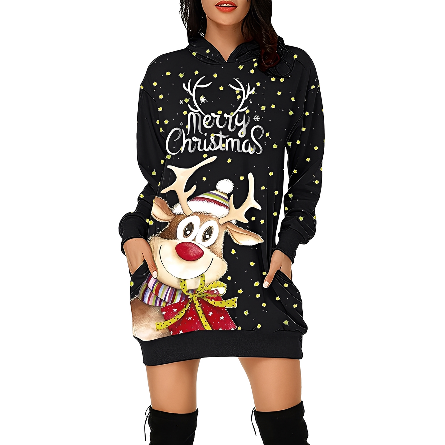 Georgia - Elegantes Weihnachtskapuzenkleid für Damen mit Aufdruck