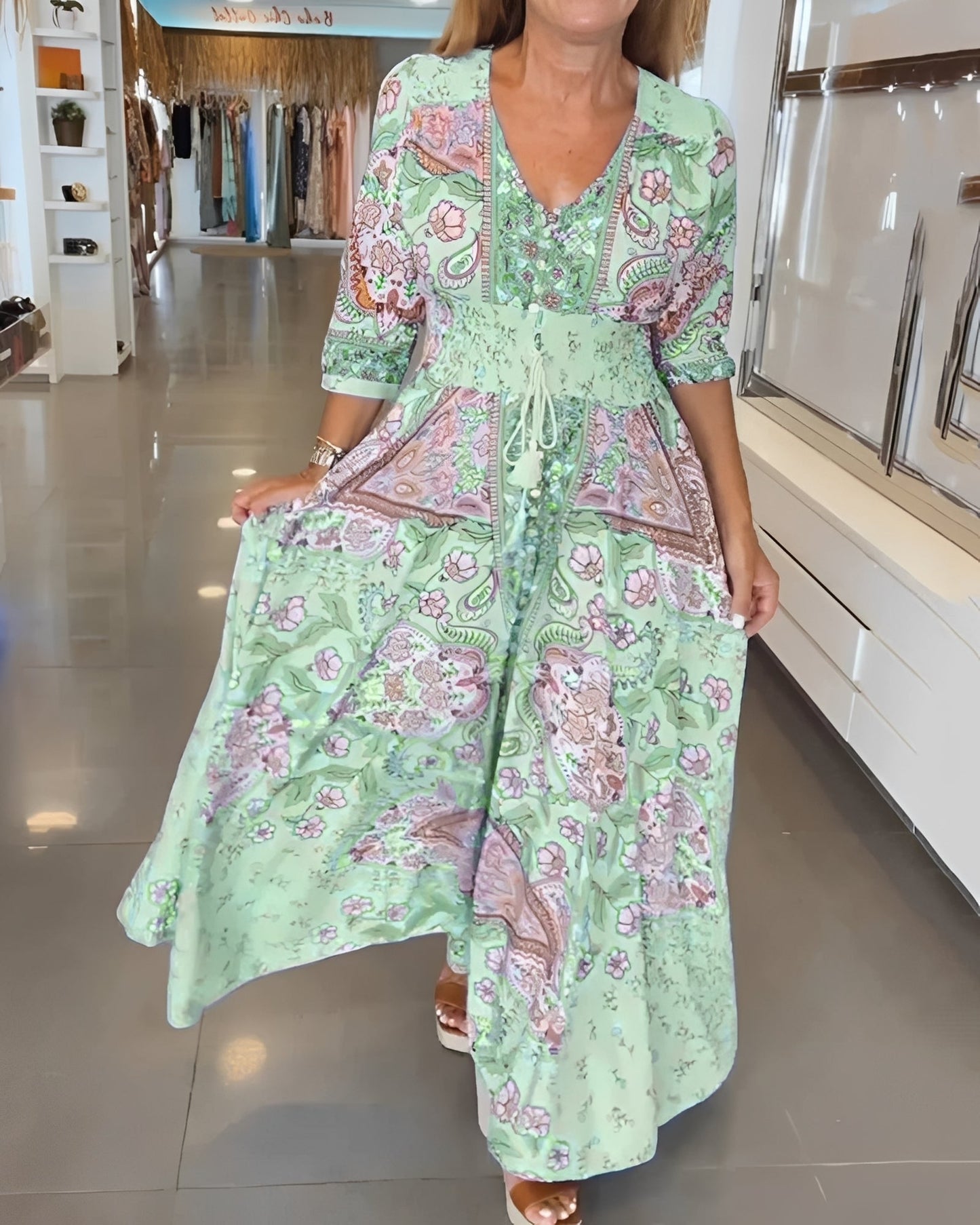 Jasmin - Elegantes V-Ausschnitt-Kleid mit Druck für Damen