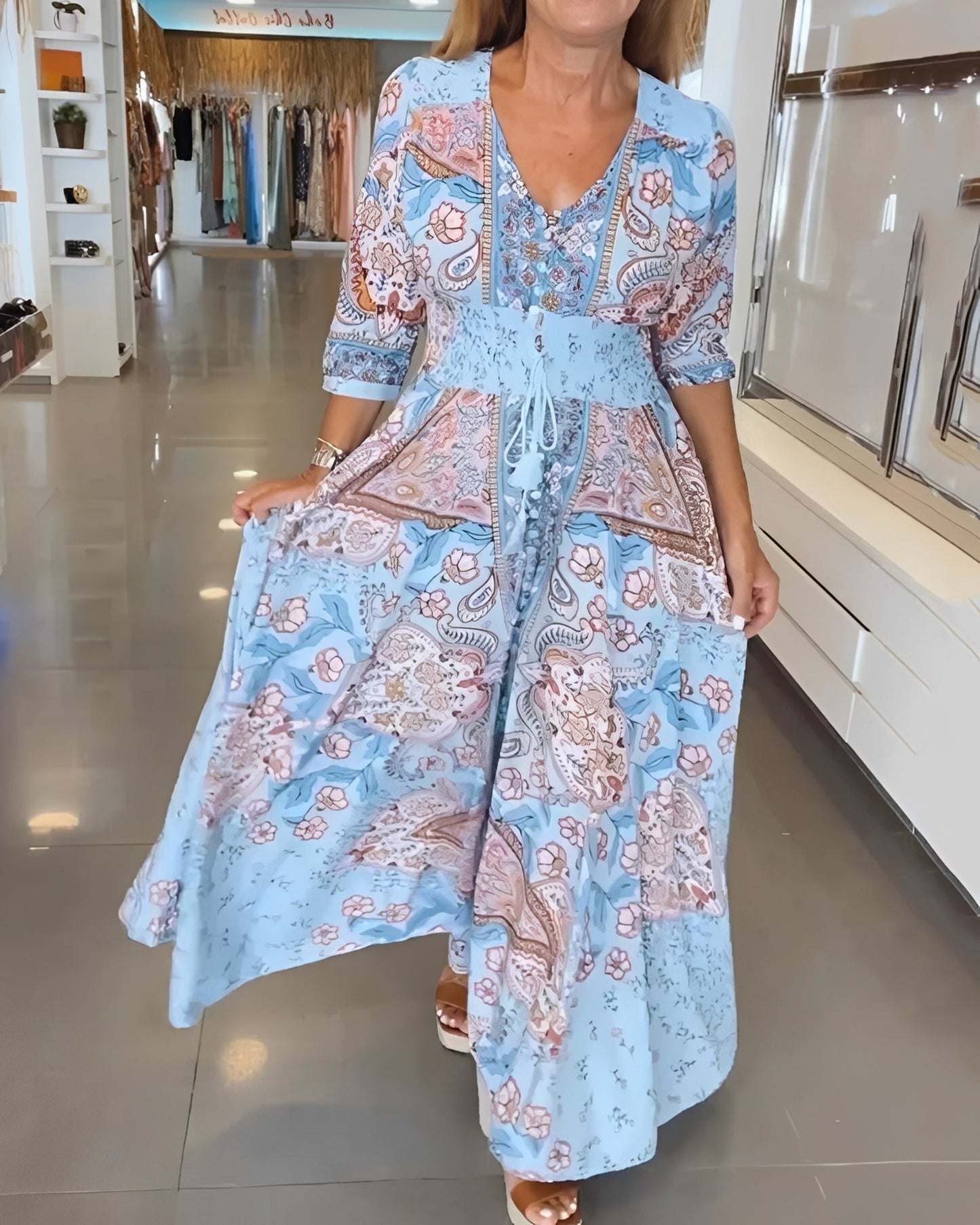 Jasmin - Elegantes V-Ausschnitt-Kleid mit Druck für Damen